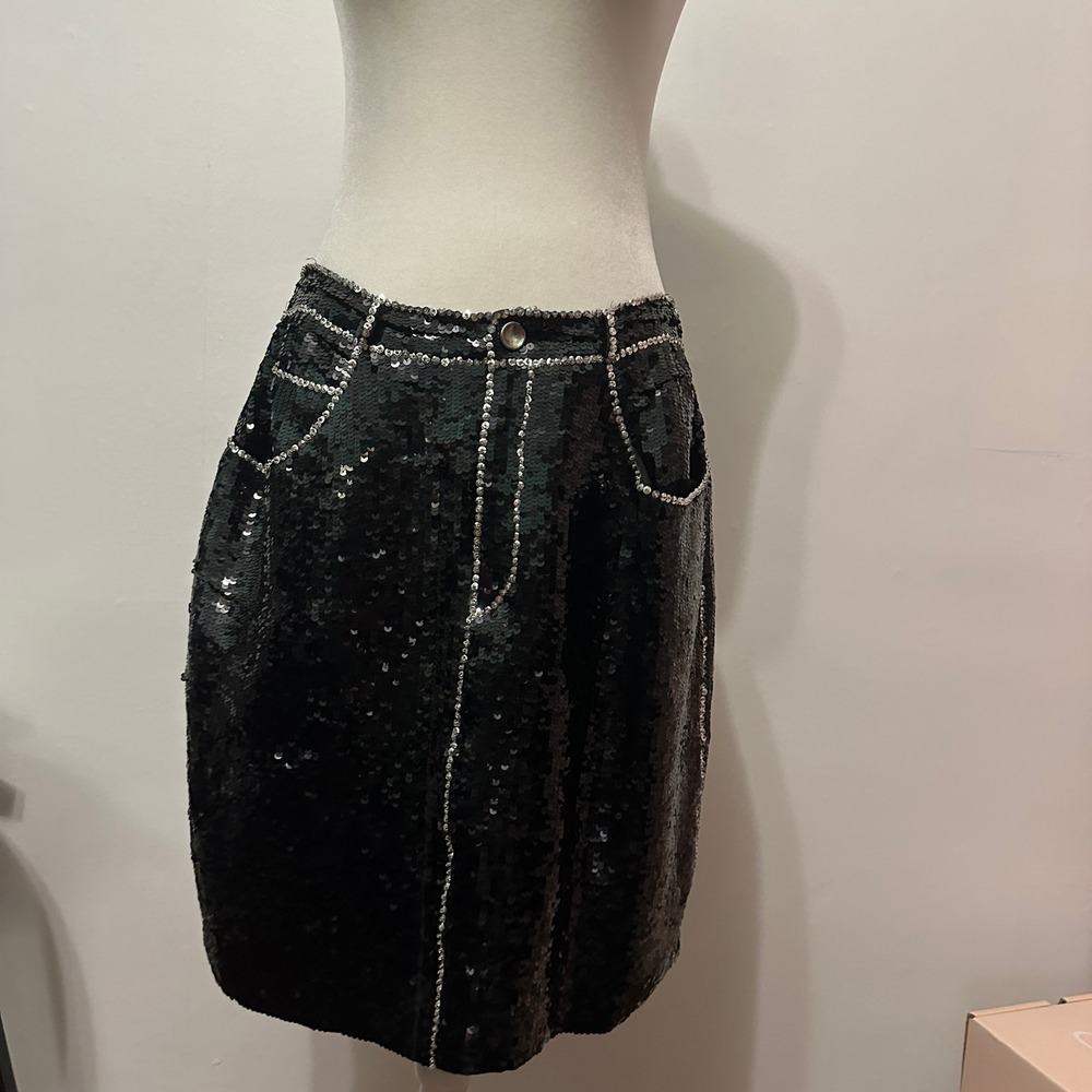 Unbranded Sequin Mini Skirt Women Black Silver Denim Style Good Glam Party